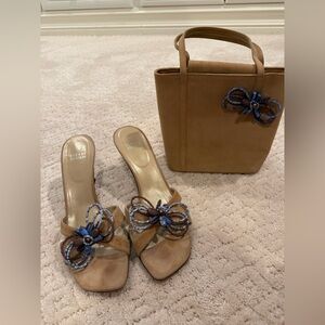 Stuart Weitzman Beige and Navy Women's Sandals and matching purse size 10